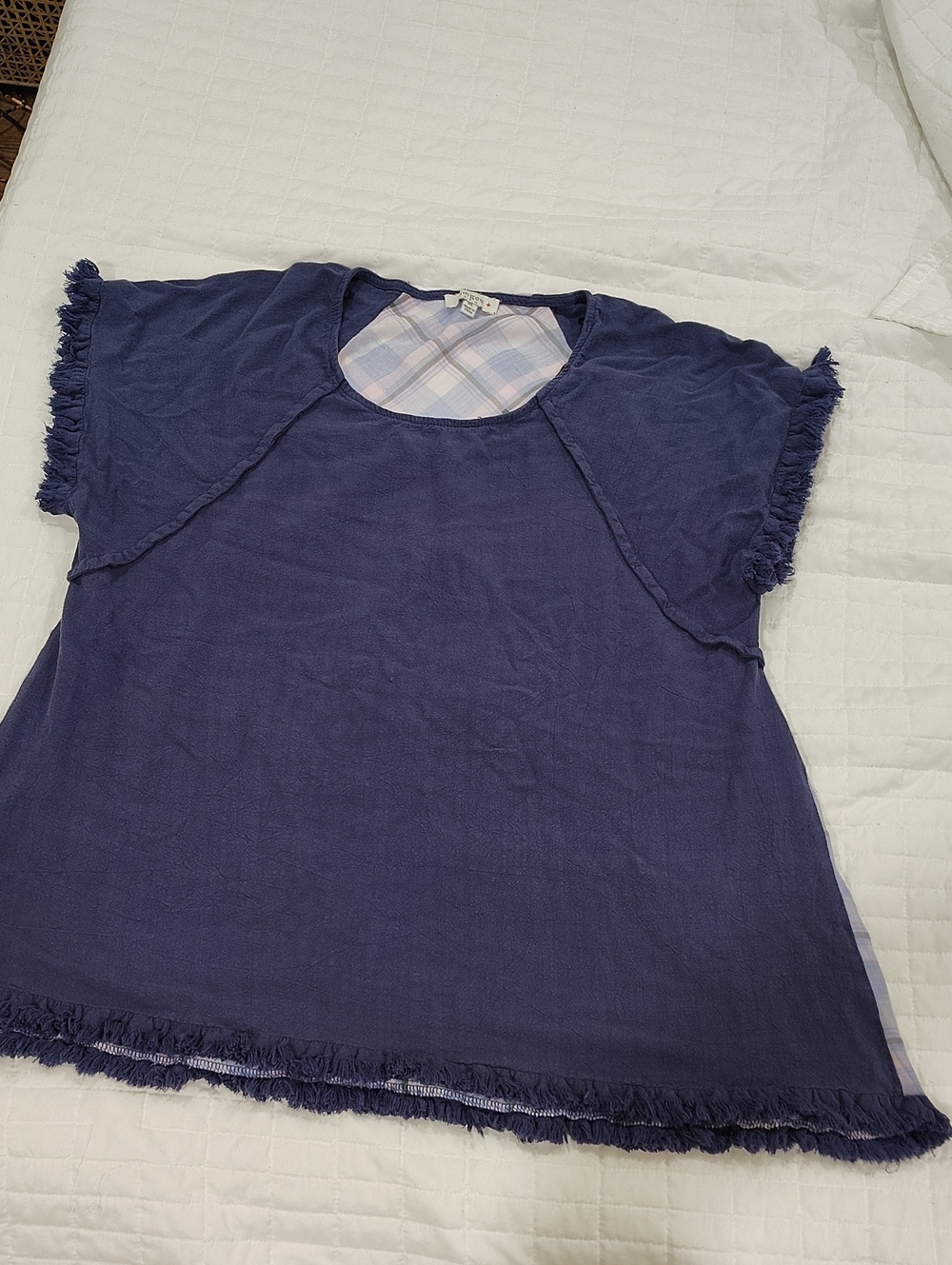 Umgee Pink and Navy Plaid Blouse with Fringe Trim